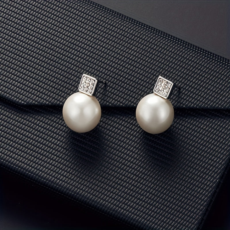 Fashionable Women'S Imitation Pearl Necklace And Earring Jewelry Set, Featuring a Simple Square Rhinestone Pendant And Stud Earrings, Perfect As a Two-Piece Accessory Gift for Birthdays, Parties, Celebrations, And Holidays, I