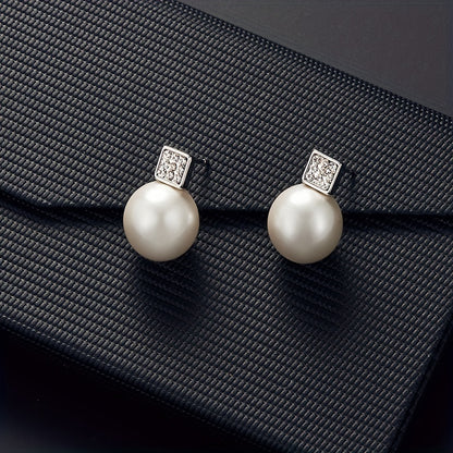 Fashionable Women'S Imitation Pearl Necklace And Earring Jewelry Set, Featuring a Simple Square Rhinestone Pendant And Stud Earrings, Perfect As a Two-Piece Accessory Gift for Birthdays, Parties, Celebrations, And Holidays, I