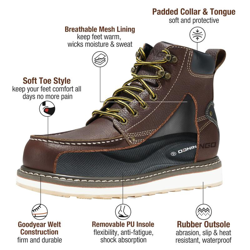 NINGO Men'S Soft Toe Work Boots - 6" Waterproof Slip Resistant Safety Shoes for Construction & Industrial Work