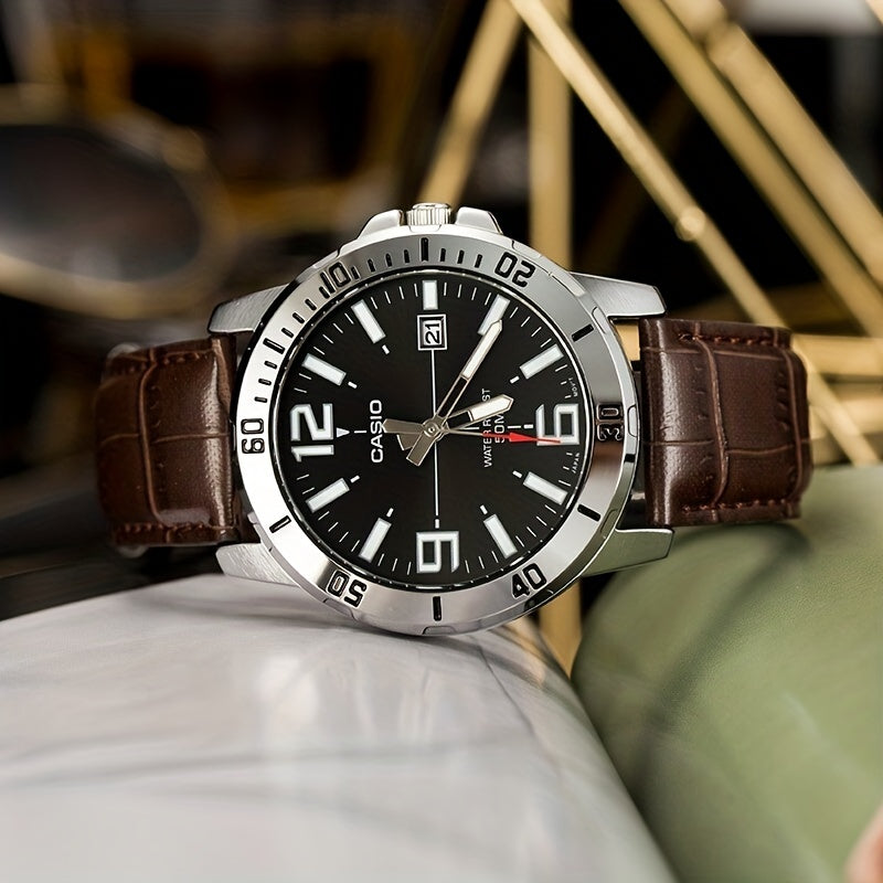 CASIO Authentic Quartz Watch - Original Design with Calendar, 50M Water Resistant, Analog Dial - Stylish Genuine Leather Strap for Men and Women