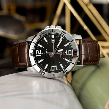 CASIO Authentic Quartz Watch - Original Design with Calendar, 50M Water Resistant, Analog Dial - Stylish Genuine Leather Strap for Men and Women