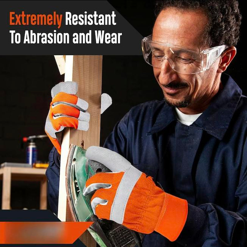 Leather Work Gloves for Men - Heavy Duty Premium Split Cowhide Leather Palm Working Gloves for Construction, Equipment Operation, Demolition, Landscaping, & DIY Projects