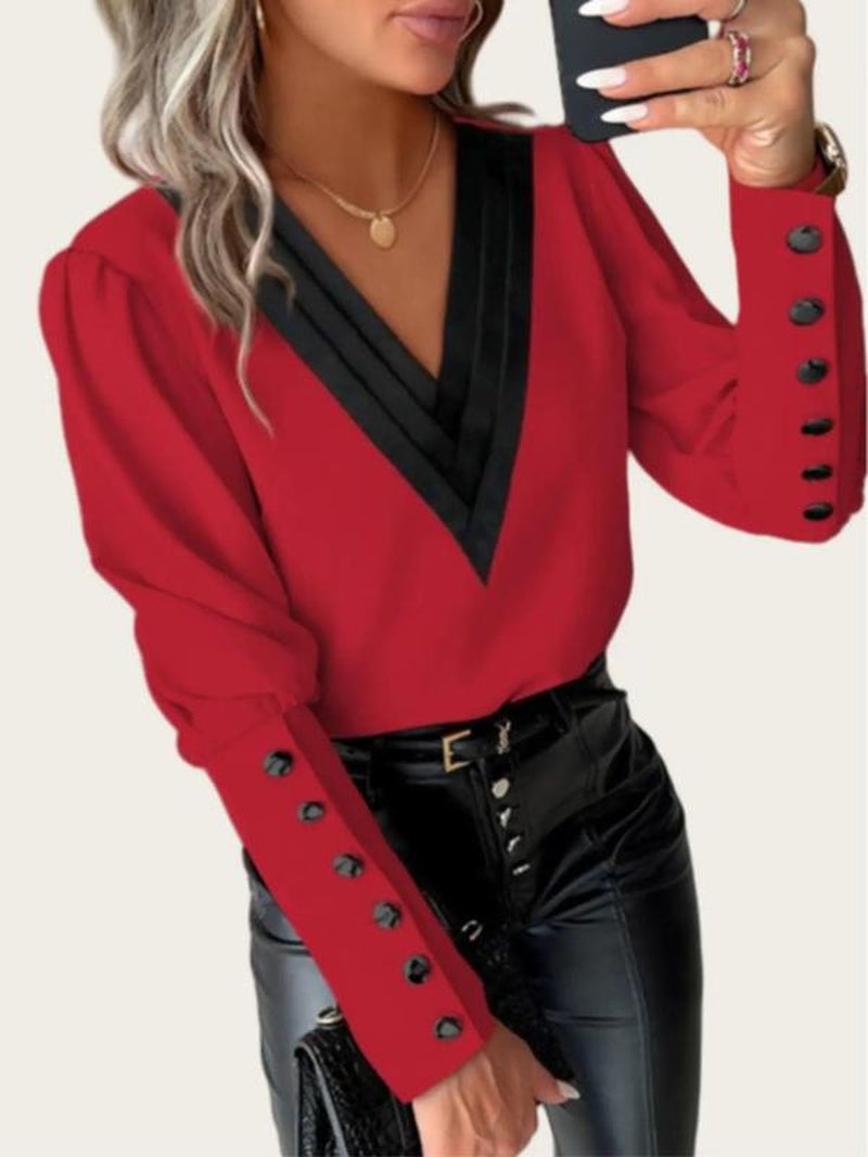 Women'S Patchwork Print Button Leg-Of-Mutton Sleeve Blouse, Elegant V Neck Long Sleeve Top for Work Office Business, Ladies Clothes for All Seasons, Womenswear