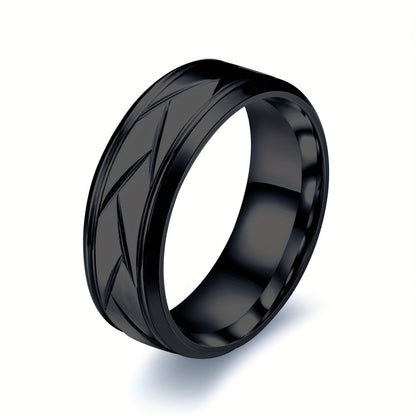 1pc 8MM Luxury Black Titanium Steel Ring - High Quality, Fashion Simple Design, Black Stainless Steel Wire Groove Tire Ring - For Men - Perfect Gift for Him - Anniversary, Birthday, Valentine's Day