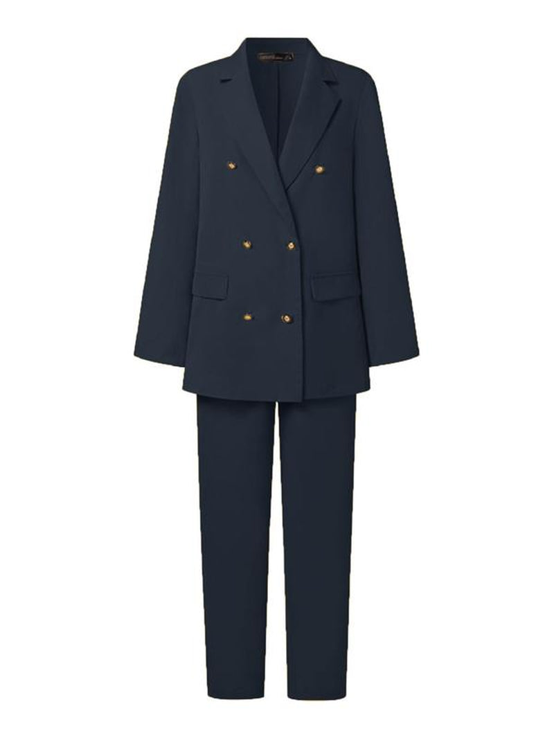 Two-Piece Set Women'S Plain Double Button Lapel Blazer & Elastic Waist Suit Pants Set, Elegant Fashion Casual Outfits for Work Office Business, Ladies Fall & Winter Clothes
