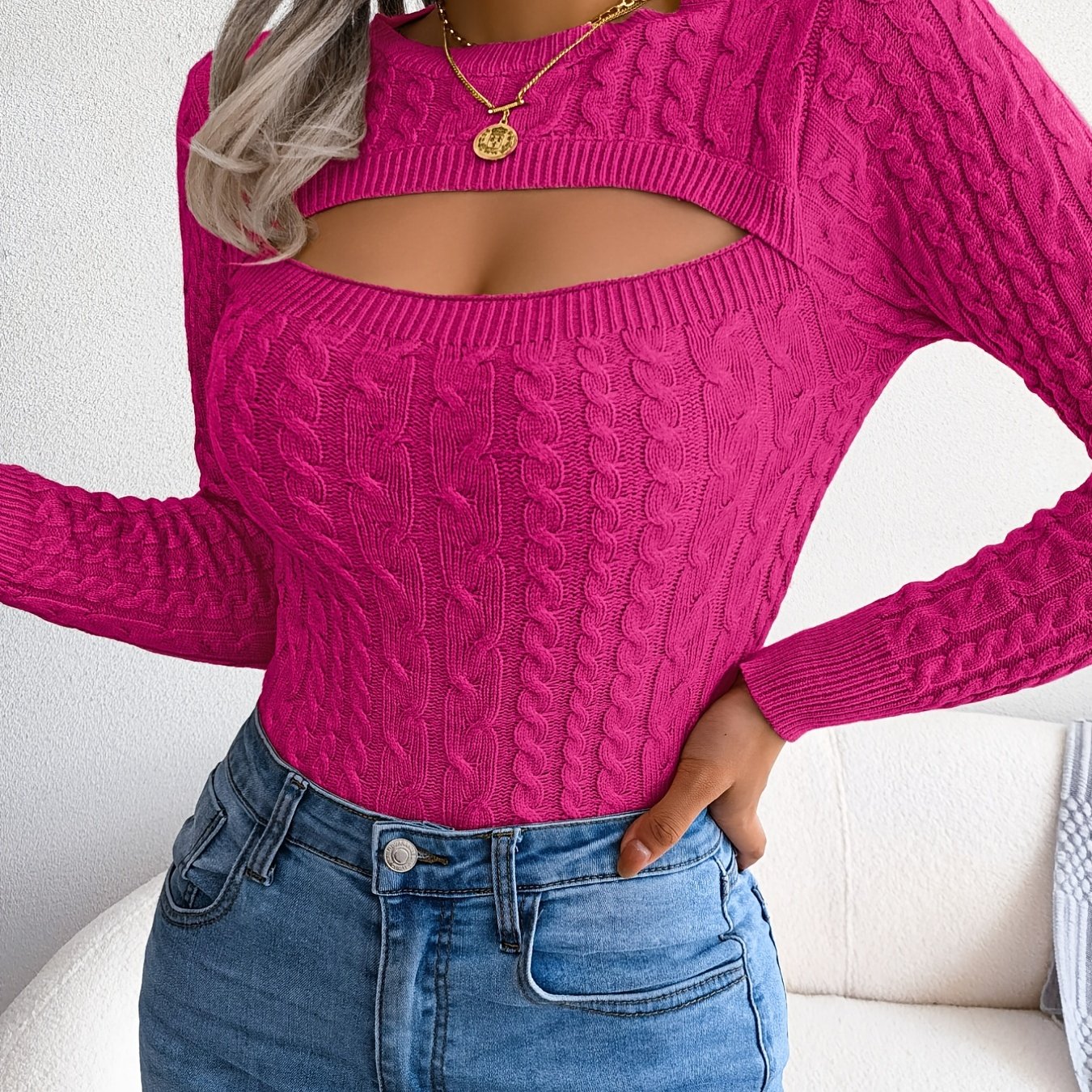 Women'S Long Sleeve Hollow Sweater | High Stretch Fabric, Crew Neck, Sexy Slim Fit, Autumn/Winter