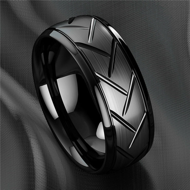 1pc 8MM Luxury Black Titanium Steel Ring - High Quality, Fashion Simple Design, Black Stainless Steel Wire Groove Tire Ring - For Men - Perfect Gift for Him - Anniversary, Birthday, Valentine's Day