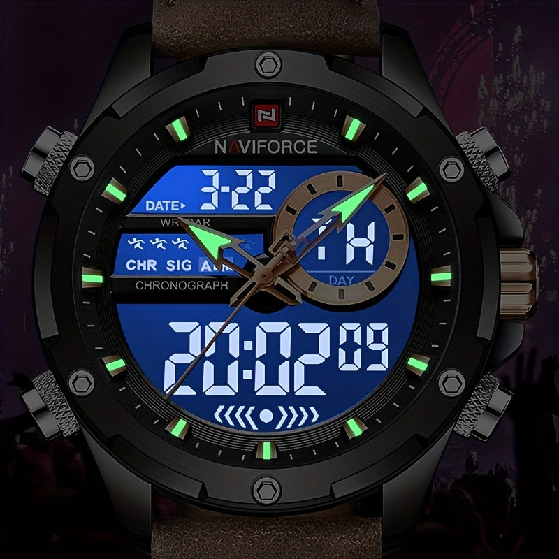 NAVIFORCE Men's Waterproof LED Dual Display Quartz Watch, Big Dial Chronograph Function Watch