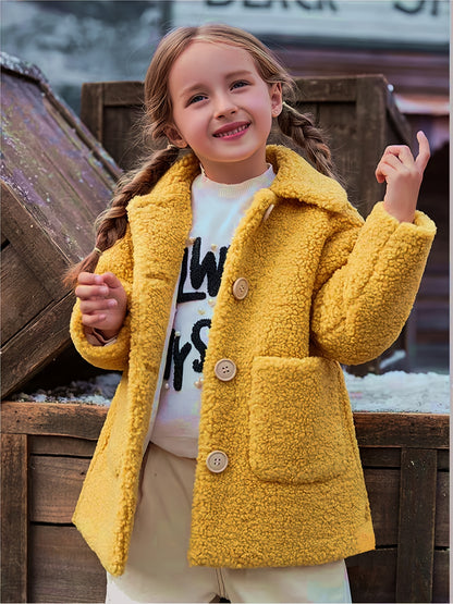 Girls' Lamb Fur Jacket | JOMAKE Korean-Style Lapel Collar, Two-Tone, Warm Windbreaker with Pockets, Lining, Button Closure, Long Sleeves for Winter