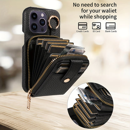 Phone Case Cover Anti-Fall Card Holder Crossbody Bag, For IPhone 15/15Plus/15Pro/15ProMax, IPhone 14/14Plus/14Pro/14ProMax, With Hook, With Long Lanyard Multifunctional Zipper Card Storage Leather Phone Case Cover
