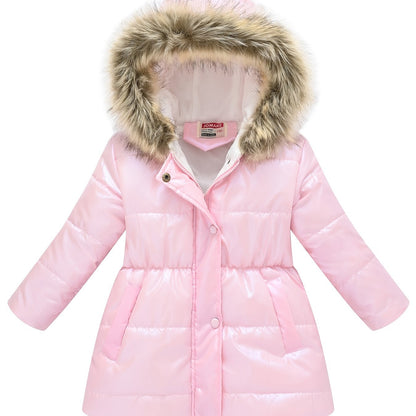 Children's Winter New Style Thickened Glossy Hooded Jacket for Boys and Girls, Mid-Length