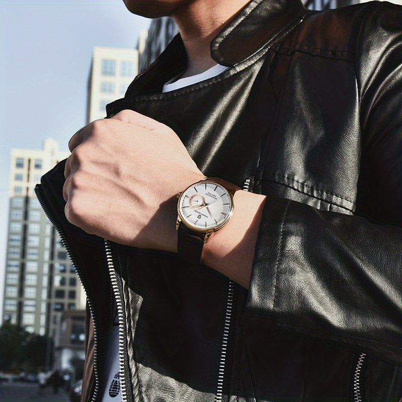 PAGAN DESIGN Fashion Casual Sports Watch Men Stainless Steel Waterproof Quartz Watch Leather Strap