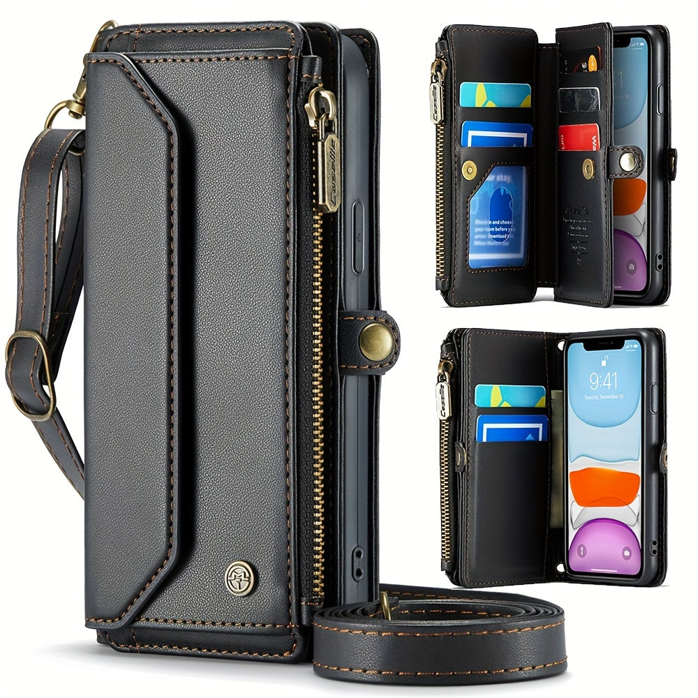 Long Lanyard PU Flip Leather Phone Case For IPhone 15 14 13 12 11Pro Max Mini XR XS 8 7 Plus SE 2022 Zipper Wallet Card Bags Cover