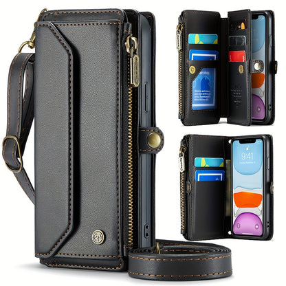 Long Lanyard PU Flip Leather Phone Case For IPhone 15 14 13 12 11Pro Max Mini XR XS 8 7 Plus SE 2022 Zipper Wallet Card Bags Cover