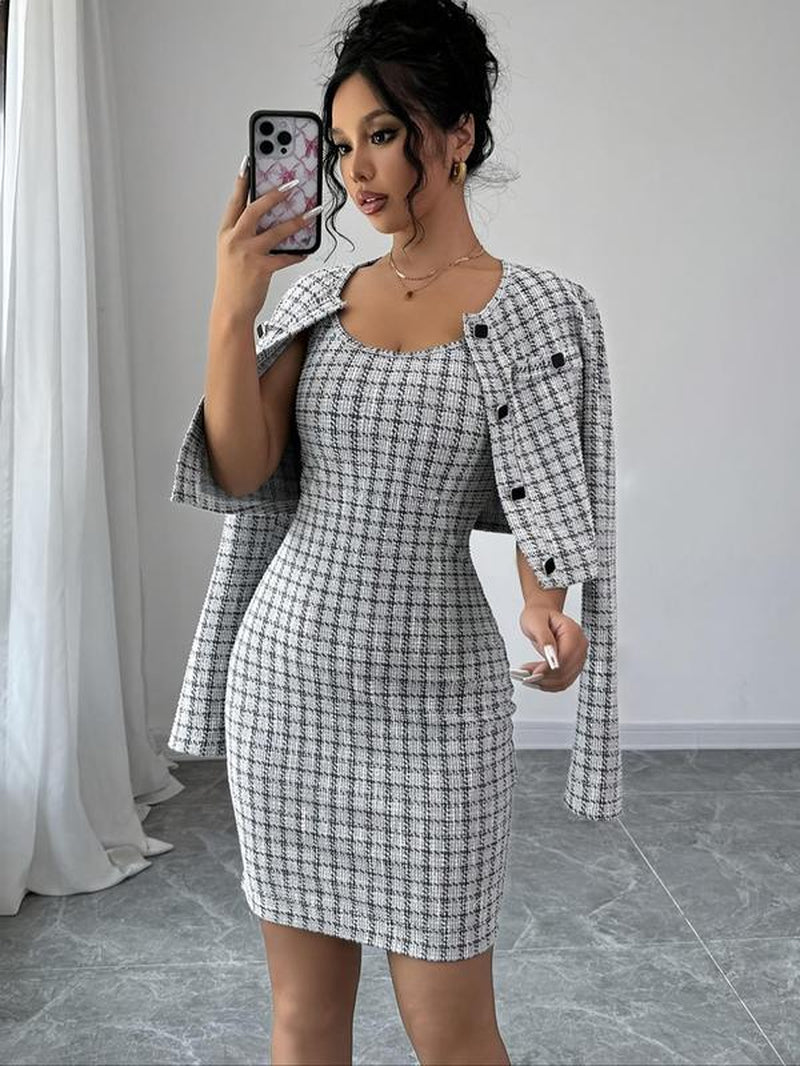 Women'S Jacket & Cami Dress Two-Piece Set, Casual Long Sleeve Outerwear & Dress for Work Office Business, Ladies Spring & Fall Clothes