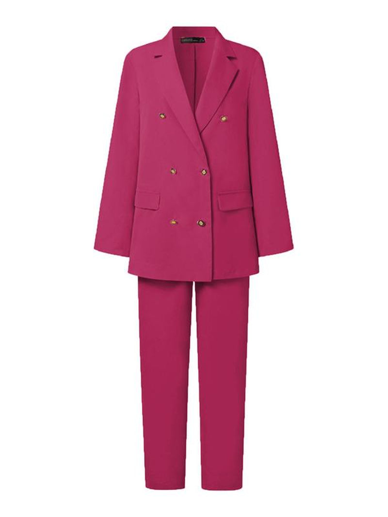 Two-Piece Set Women'S Plain Double Button Lapel Blazer & Elastic Waist Suit Pants Set, Elegant Fashion Casual Outfits for Work Office Business, Ladies Fall & Winter Clothes