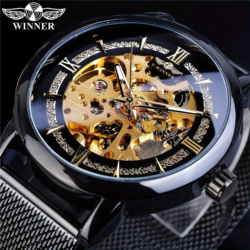 Stainless Steel Automatic Mens Watch - Fashionable Hollow Design, Mesh Strap, Water-resistant for Business & Casual Wear