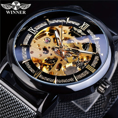 Stainless Steel Automatic Mens Watch - Fashionable Hollow Design, Mesh Strap, Water-resistant for Business & Casual Wear