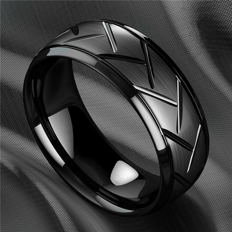 1pc 8MM Luxury Black Titanium Steel Ring - High Quality, Fashion Simple Design, Black Stainless Steel Wire Groove Tire Ring - For Men - Perfect Gift for Him - Anniversary, Birthday, Valentine's Day