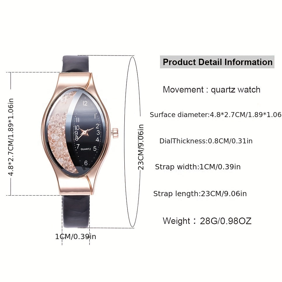5pcs/set Women's Watch Quicksand Oval Pointer Quartz Watch Analog PU Leather Wrist Watch & Jewelry Set, Gift For Mom Her