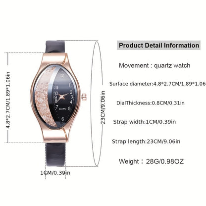 5pcs/set Women's Watch Quicksand Oval Pointer Quartz Watch Analog PU Leather Wrist Watch & Jewelry Set, Gift For Mom Her