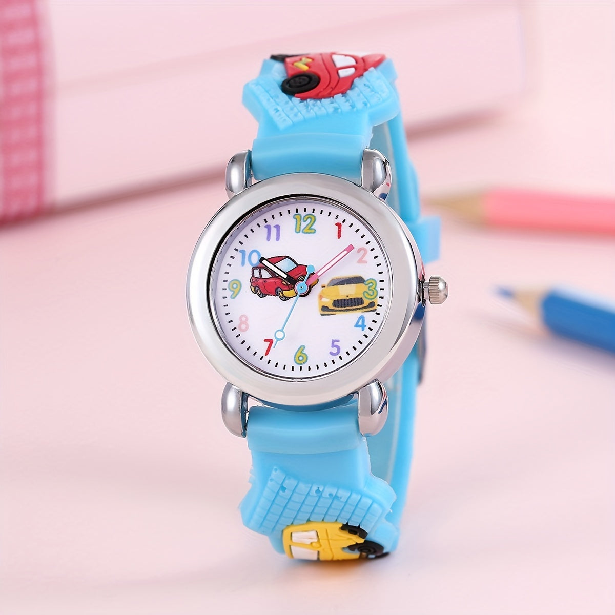 1pc Boys Girls Teen Cute Car Print Round Dial Quartz Watch For Gift Daily Life