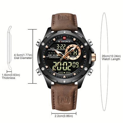 NAVIFORCE Men's Waterproof LED Dual Display Quartz Watch, Big Dial Chronograph Function Watch