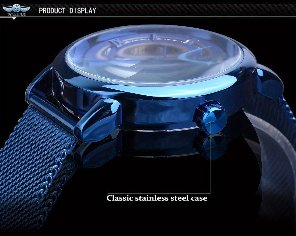 Stainless Steel Automatic Mens Watch - Fashionable Hollow Design, Mesh Strap, Water-resistant for Business & Casual Wear