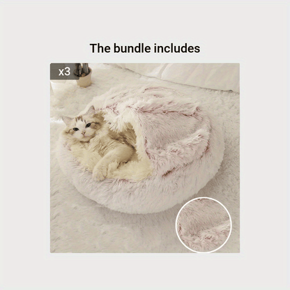 [Warm|Pet Bed] 2-in-1 Round Warm Pet Bed | Polyester Cat Bed, Long Plush, Winter, with Sleeping Bag Sofa Cushion for Cat