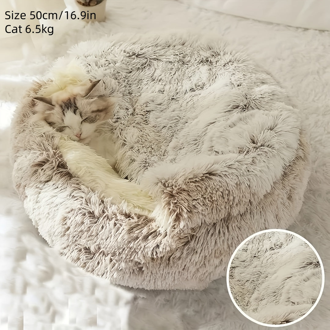 [Warm|Pet Bed] 2-in-1 Round Warm Pet Bed | Polyester Cat Bed, Long Plush, Winter, with Sleeping Bag Sofa Cushion for Cat