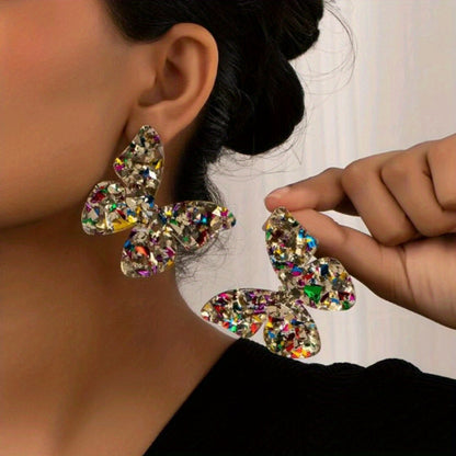 Creative Butterfly Design With Colorful Sequins Decor Stud Earrings Elegant Party Style Acrylic Jewelry Female Gift