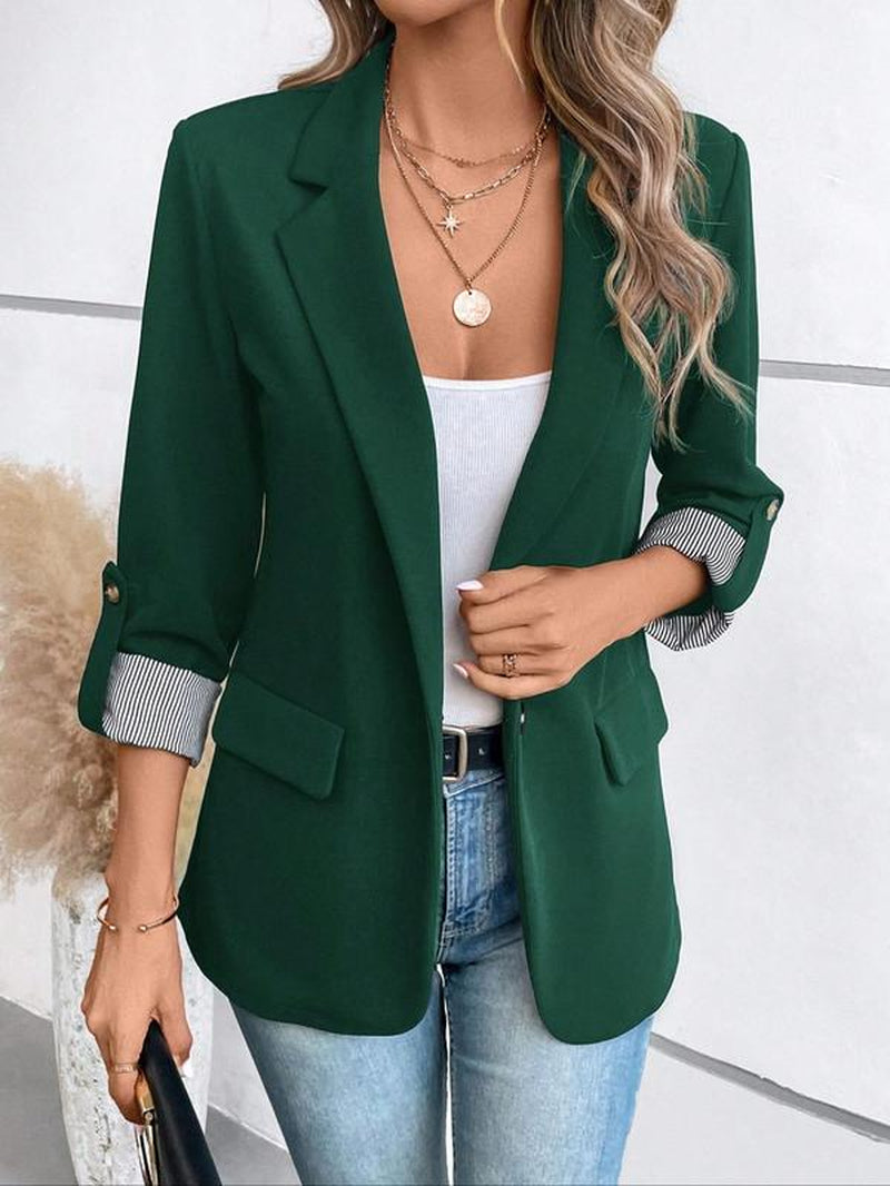 Women'S Solid Color Button Front Roll up Sleeve Blazer Coat, Casual 3/4 Sleeve Lapel Neckline Outerwear for Spring & Fall, Ladies Clothes for Work Office Business