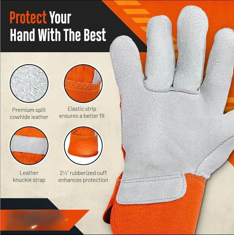 Leather Work Gloves for Men - Heavy Duty Premium Split Cowhide Leather Palm Working Gloves for Construction, Equipment Operation, Demolition, Landscaping, & DIY Projects