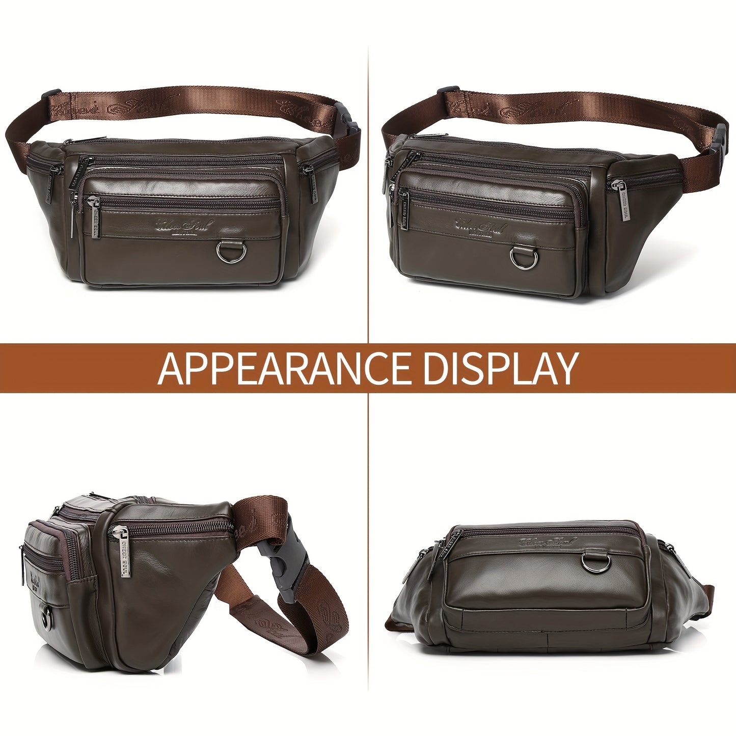Genuine Leather Men's Waist Bag/Women's Multifunctional Hip Bag/Stylish Multi-Pocket Travel Sports Backpack for Hiking, Cycling, Fishing, And Running