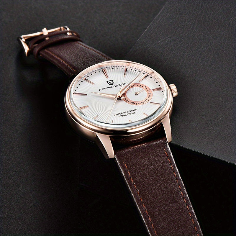 PAGAN DESIGN Fashion Casual Sports Watch Men Stainless Steel Waterproof Quartz Watch Leather Strap