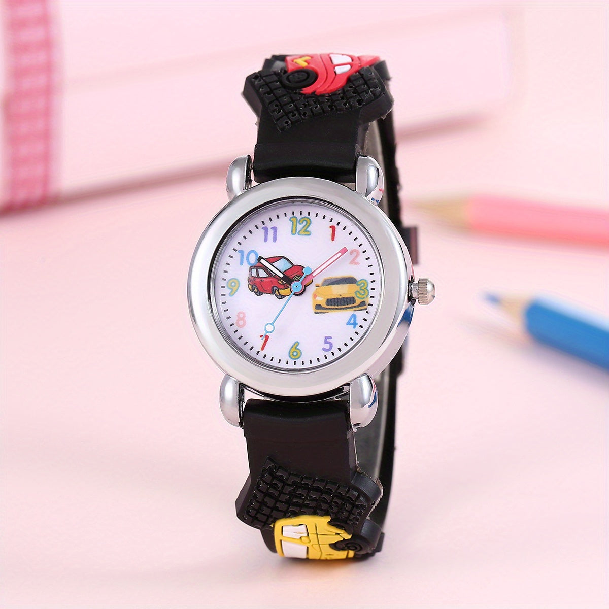 1pc Boys Girls Teen Cute Car Print Round Dial Quartz Watch For Gift Daily Life