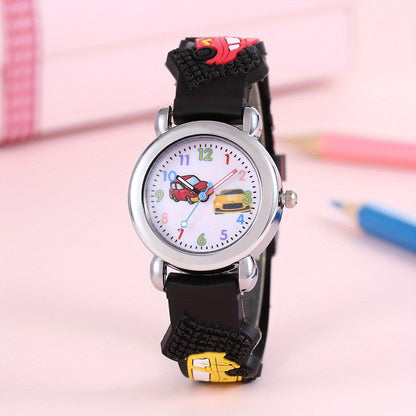 1pc Boys Girls Teen Cute Car Print Round Dial Quartz Watch For Gift Daily Life
