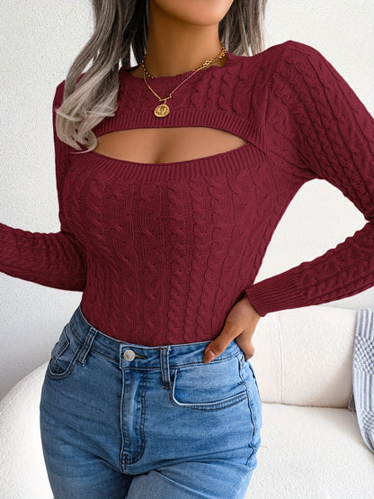 Women'S Long Sleeve Hollow Sweater | High Stretch Fabric, Crew Neck, Sexy Slim Fit, Autumn/Winter