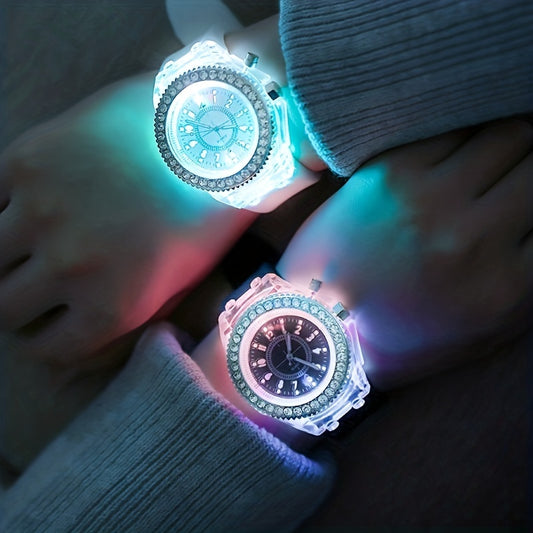 Night Light LED Luminous Watch, Fashion Versatile Rhinestone Studded Girl's Watch, Ideal Choice For Gifts