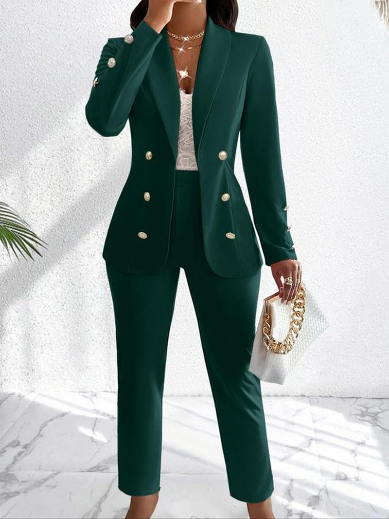 Aliling Women'S Solid Color Blazer & Straight Leg Pants Two-Piece Set, Elegant Fashion Casual Outfits for Work Office Business, Ladies Clothes for Fall & Winter