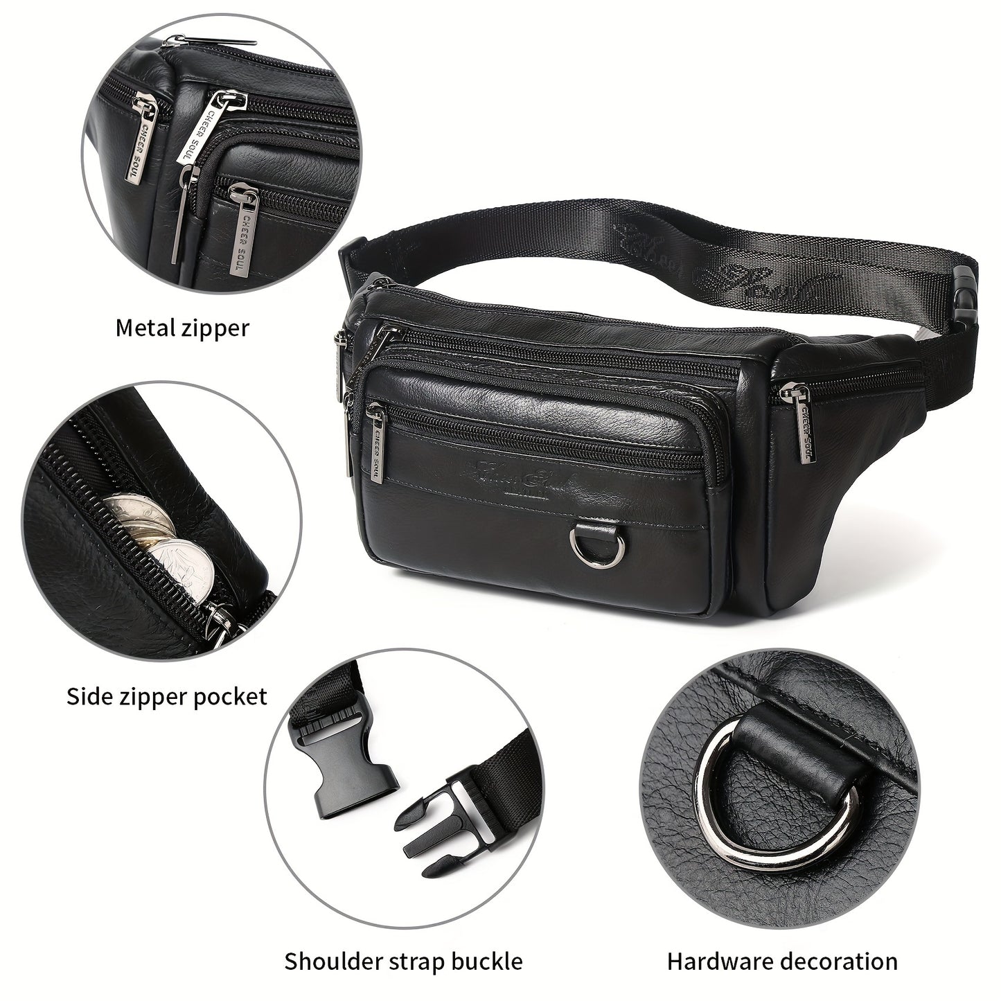 Genuine Leather Men's Waist Bag/Women's Multifunctional Hip Bag/Stylish Multi-Pocket Travel Sports Backpack for Hiking, Cycling, Fishing, And Running