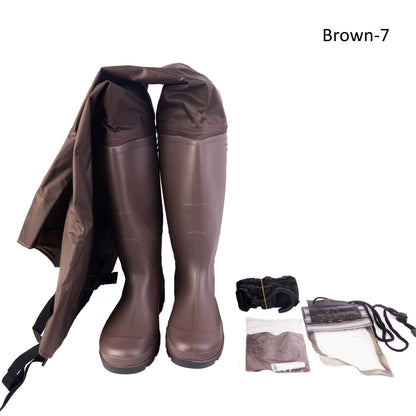 Waterproof Nylon PVC Coating Hip Wader - 1 Pair Brown Outdoor Pants for Farming/Fishing - Drying Hook and Waterproof Phone Case