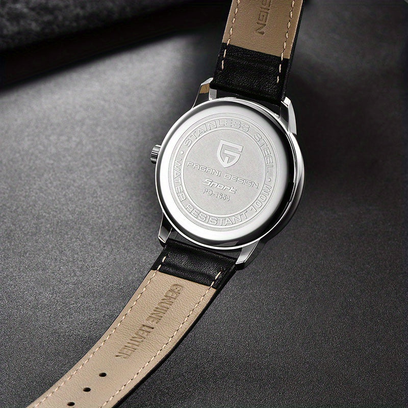 PAGAN DESIGN Fashion Casual Sports Watch Men Stainless Steel Waterproof Quartz Watch Leather Strap