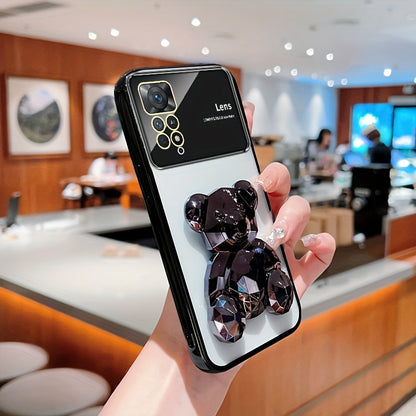 For Redmi Note 11/Note 11S/Note 11 Pro 4G/Note 11 Pro 5G And Note 11 Pro+ 5G (India) 's Fashion Electroplated Shockproof Stereoscopic Fashionable Large Window Stereoscopic Bear Stand Phone Case