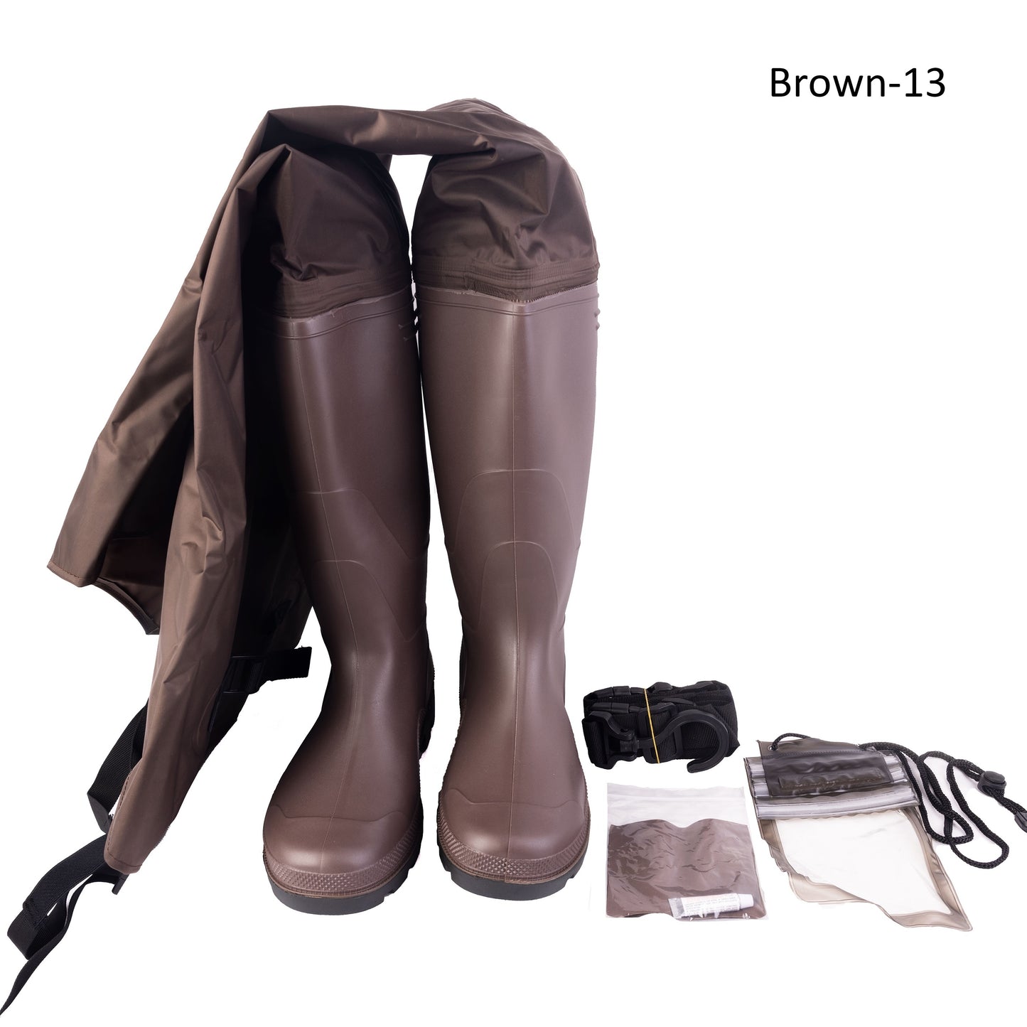 Waterproof Nylon PVC Coating Hip Wader - 1 Pair Brown Outdoor Pants for Farming/Fishing - Drying Hook and Waterproof Phone Case