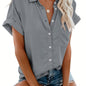 Women'S Short Sleeve V-Neck Button-Up Shirt with Pockets - Light Gray, Casual Summer Top, Perfect for Vacation or Casual Attire, Vacation Clothing | Buttonup Shirt | Glossy Texture