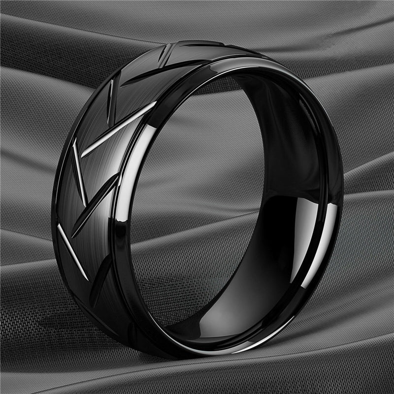 1pc 8MM Luxury Black Titanium Steel Ring - High Quality, Fashion Simple Design, Black Stainless Steel Wire Groove Tire Ring - For Men - Perfect Gift for Him - Anniversary, Birthday, Valentine's Day
