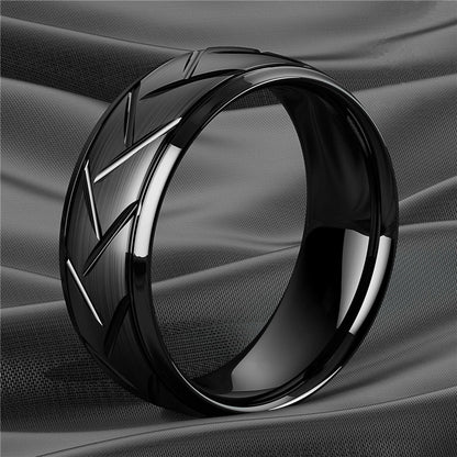 1pc 8MM Luxury Black Titanium Steel Ring - High Quality, Fashion Simple Design, Black Stainless Steel Wire Groove Tire Ring - For Men - Perfect Gift for Him - Anniversary, Birthday, Valentine's Day