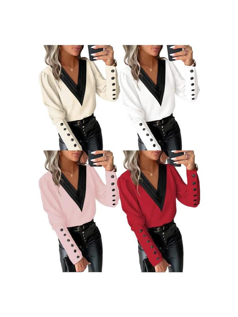 Women'S Patchwork Print Button Leg-Of-Mutton Sleeve Blouse, Elegant V Neck Long Sleeve Top for Work Office Business, Ladies Clothes for All Seasons, Womenswear