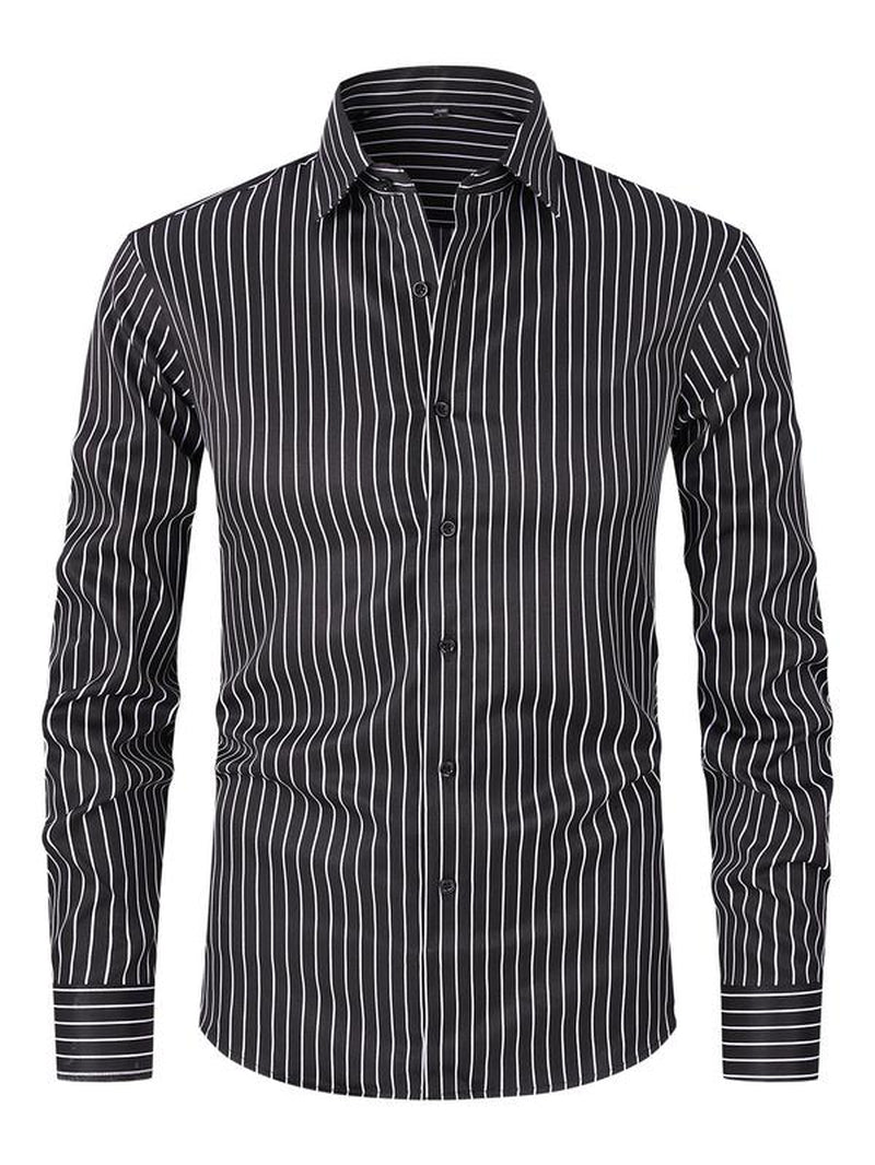 Men'S Striped Print Button Front Shirt, Regular Fit Casual Long Sleeve Collared Top for Spring & Fall, Men'S Clothes for Business Work Daily Wear